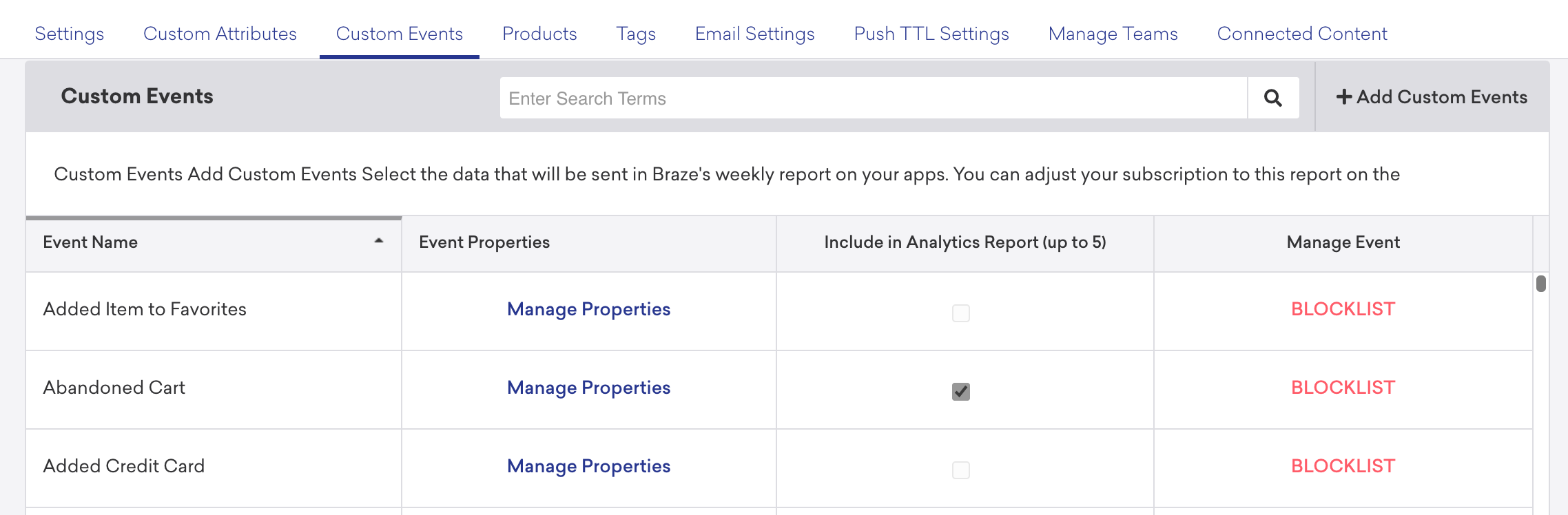 Selecting events to be included in the Analytics Report
