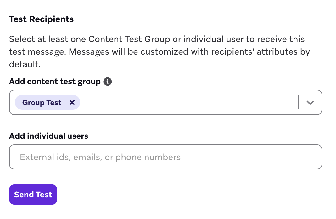The Test section of the in-app message editor to select the Content Test Group.