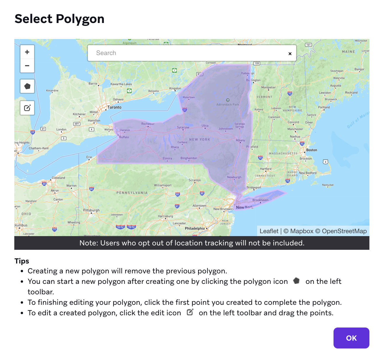 An outline of New York state as the selected polygonal region.