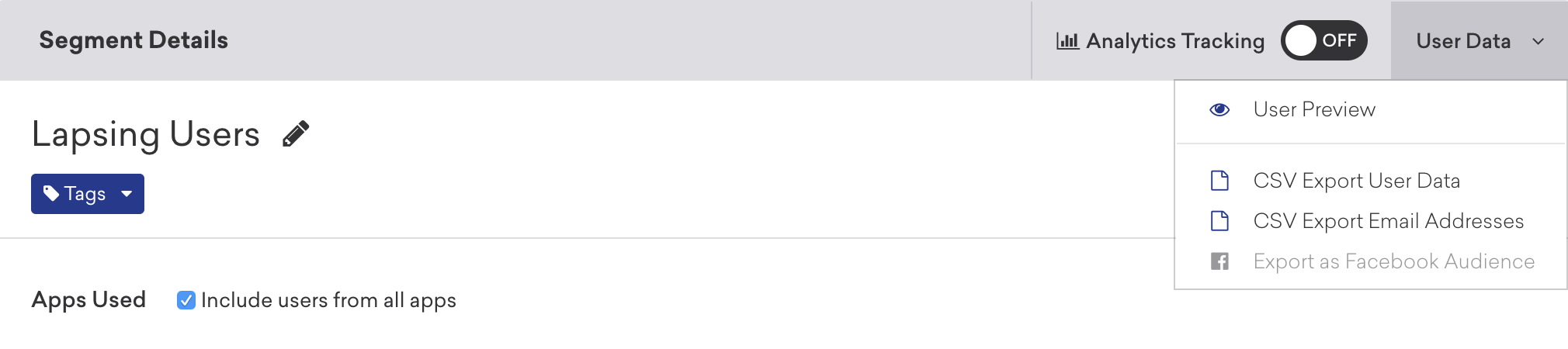 Segment Details section with User Data dropdown showing export options.