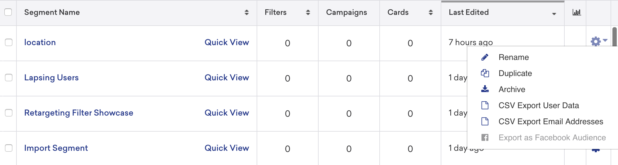 Settings dropdown on the main Segments page.