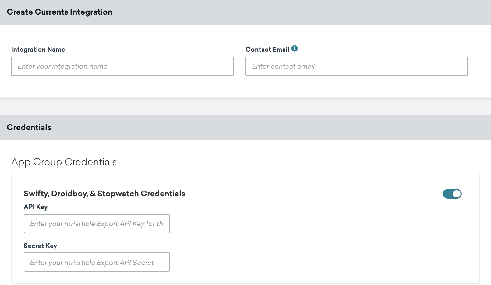 The mParticle Currents page in Braze. Here, you can find fields for integration name, contact email, API key, and secret key.