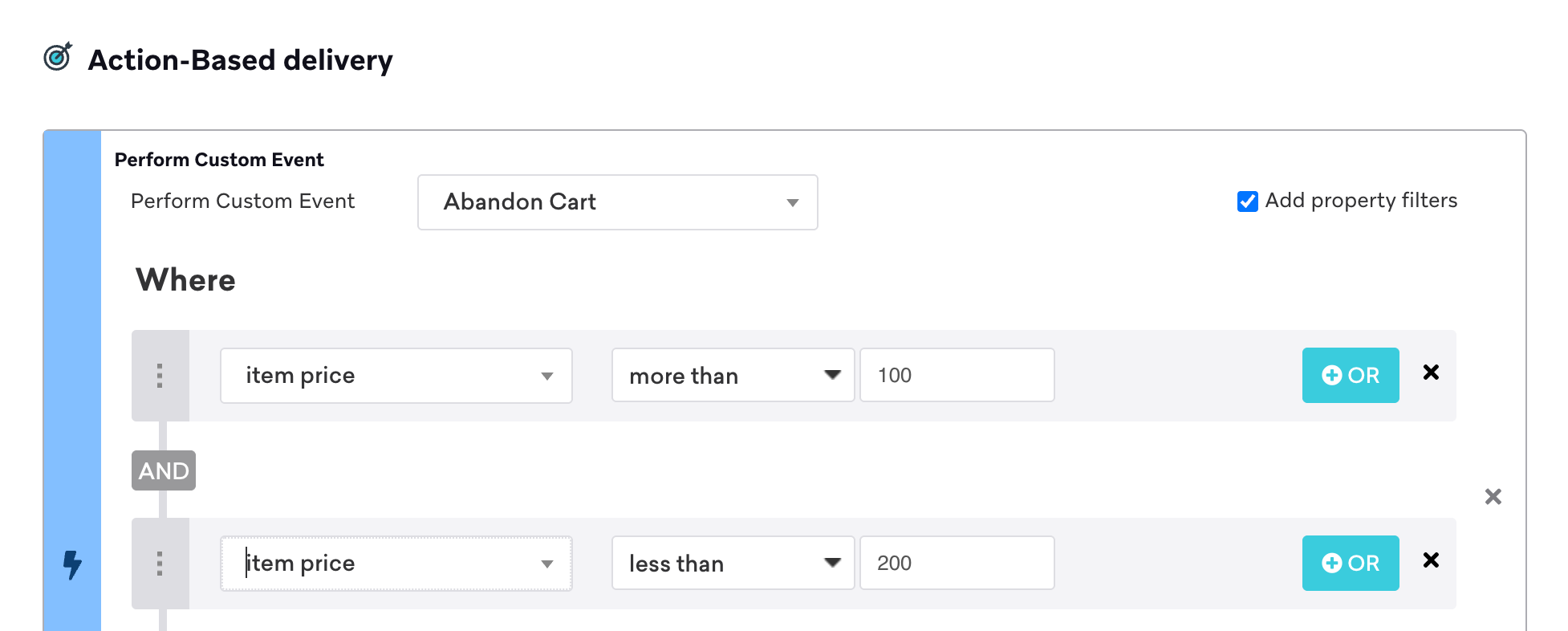 A custom event example that will send a campaign to a user who has abandoned their cart and left the cart value at more than 100 and less than 200.