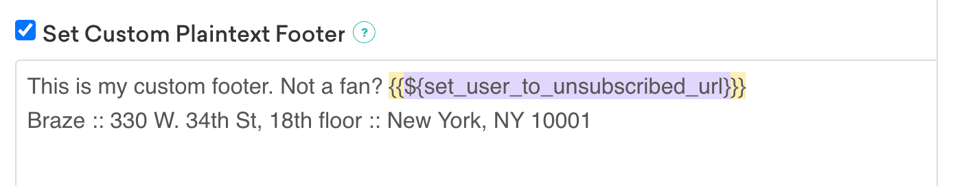 Email with Set Custom Plaintext Footer option selected.