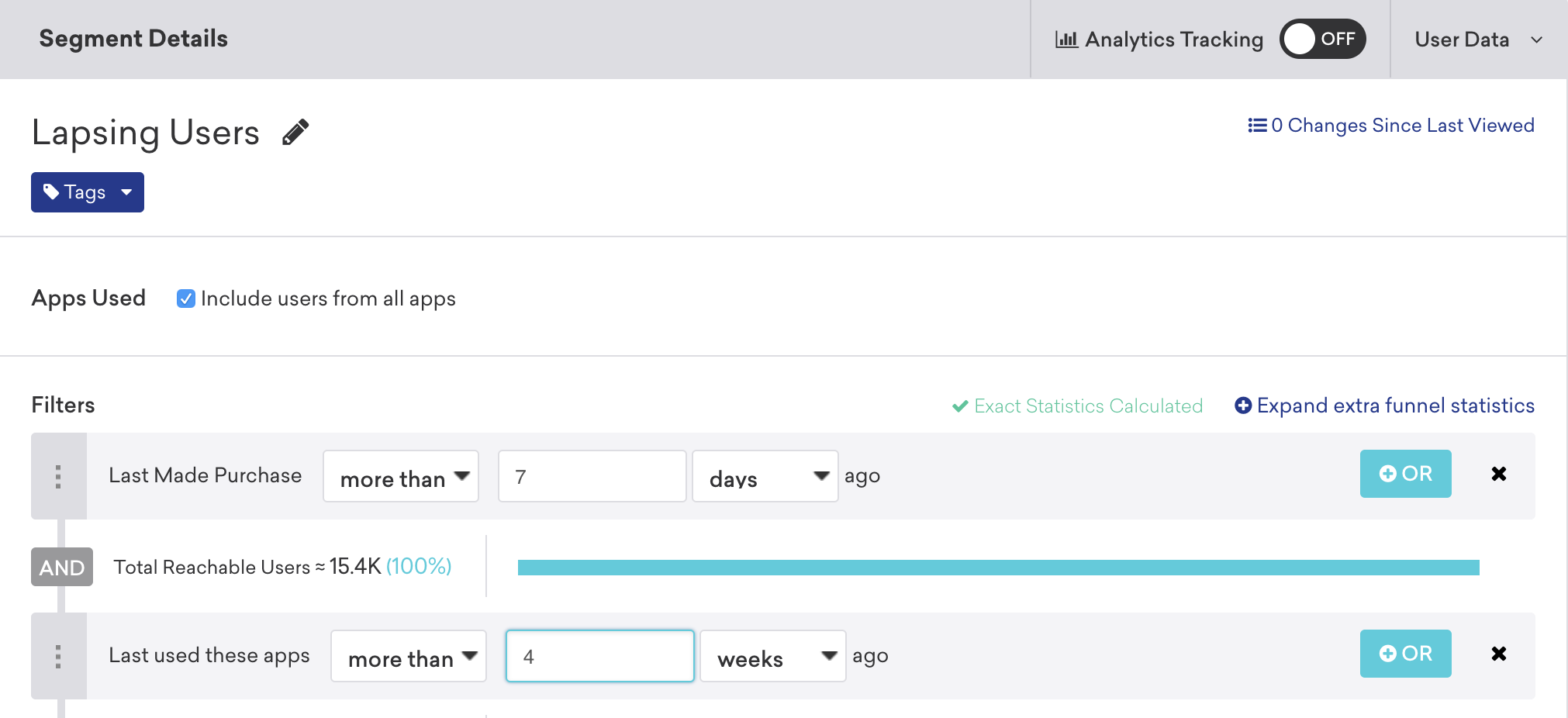 An example segment where the filters "Last made purchase more than 7 days ago" and "Last used these apps more than 4 weeks ago" are set.