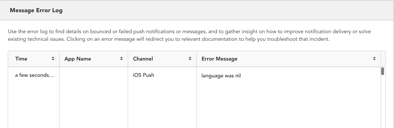 Message error log in the Developer Console with an abort message of "language was nil".