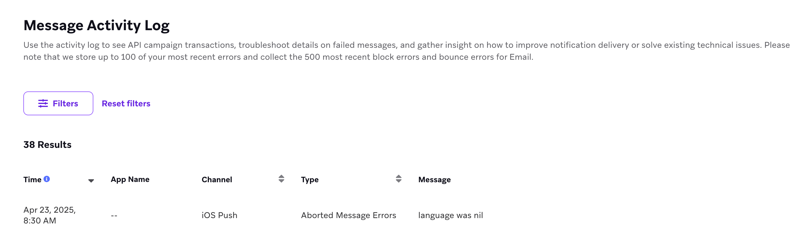 Message error log in the Developer Console with an abort message of "language was nil".