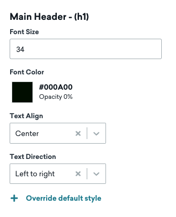 Heading styling options for a main header example with the font size set to 34, font color as black, text alignment to center, and text direction as left to right.