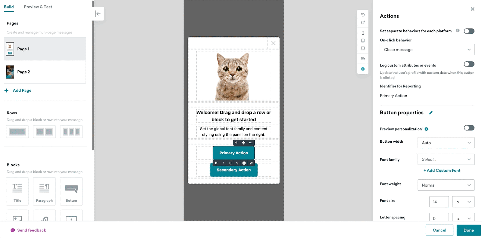 A user is editing the primary action button to go to Page 2 of the in-app message.