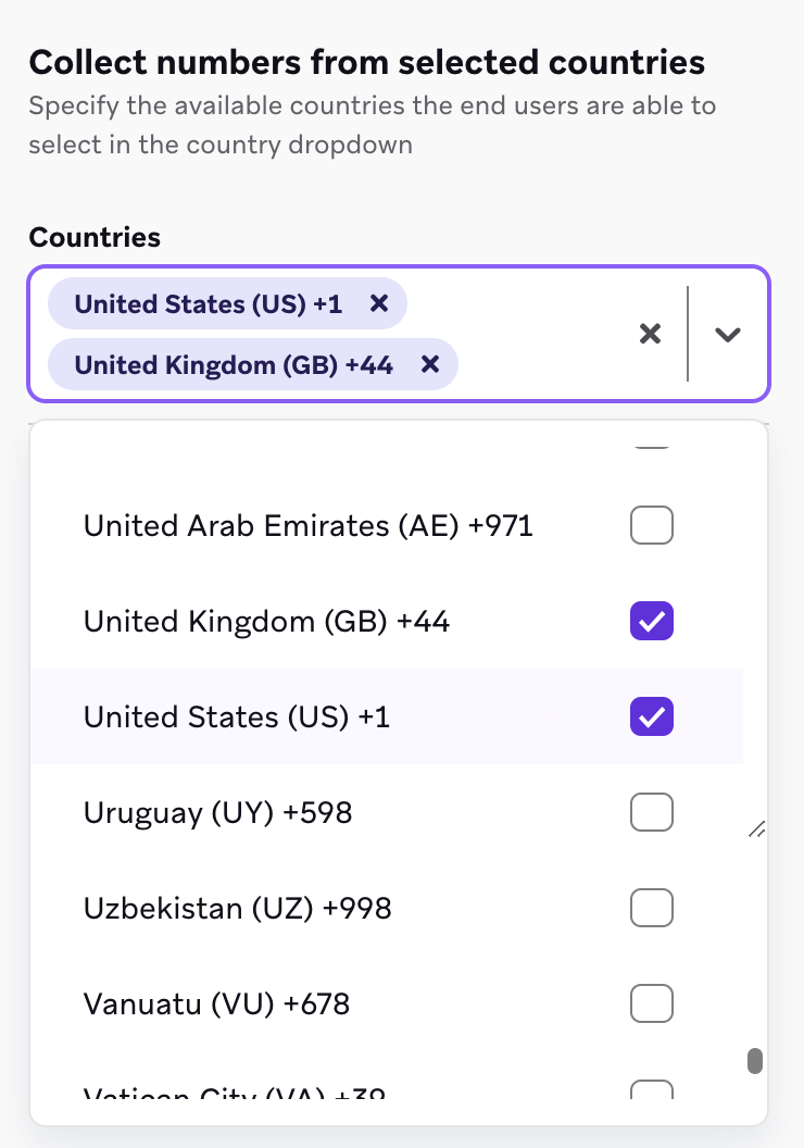 Countries dropdown to select the countries from which you want to collect numbers.