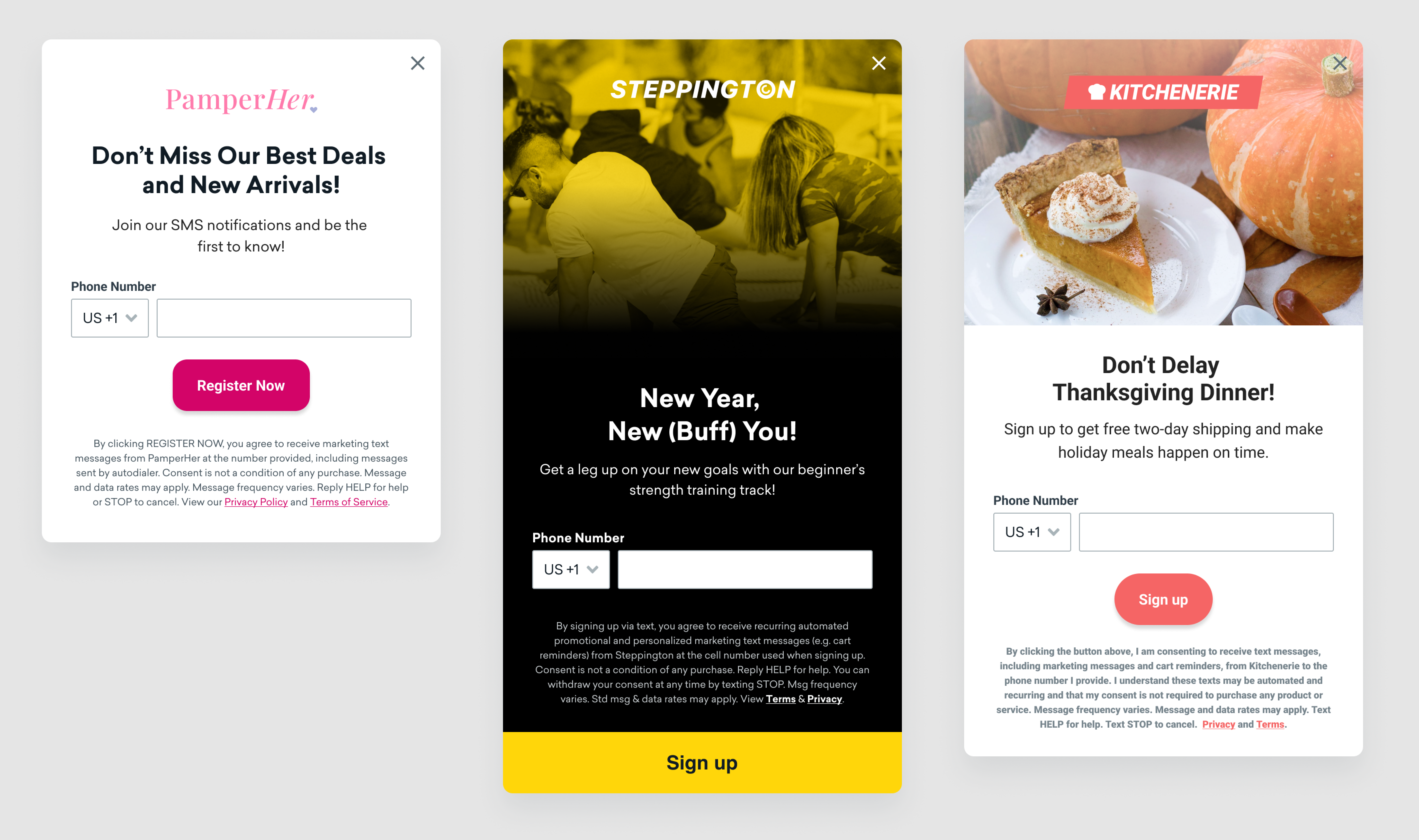 Three examples of in-app messages created using the phone capture form template.