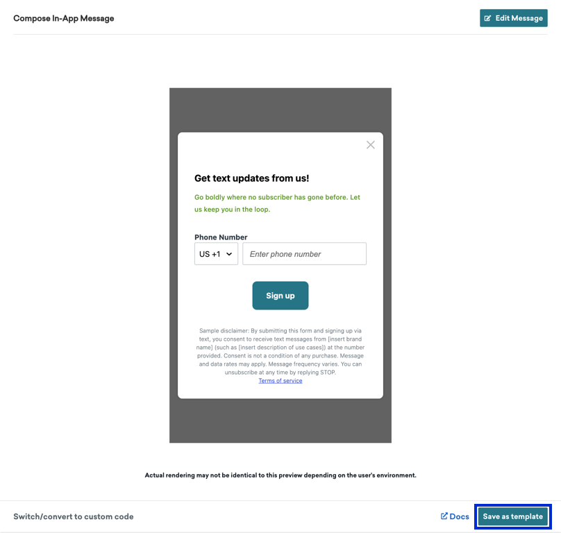 A preview of an in-app message for signing up for text updates.