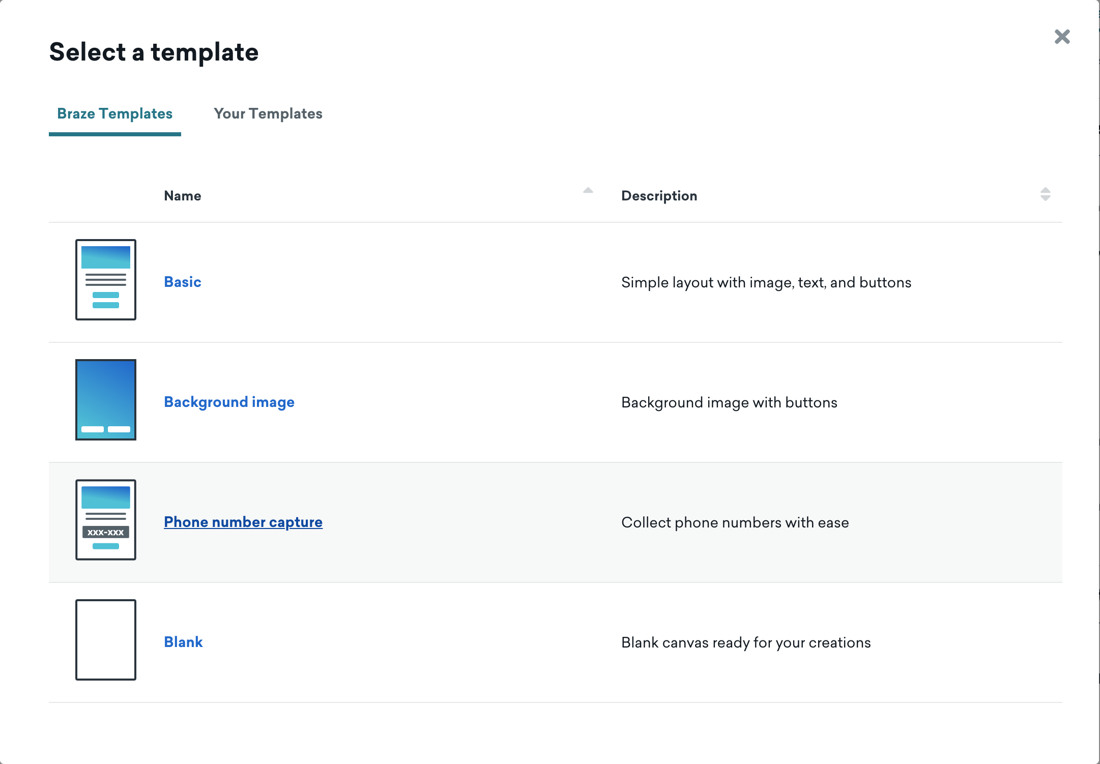 The Braze Templates section where you can choose a basic, background image, phone number capture, or blank template.
