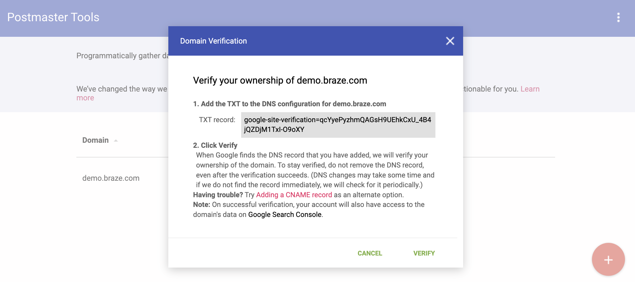 A prompt to verify ownership of the domain "demo.braze.com".
