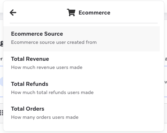 Segment filters dropdown with "Ecommerce" filters.