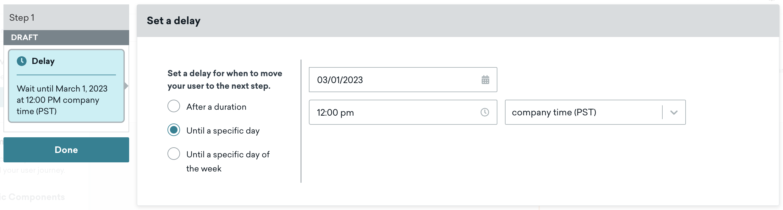 An example "Delay" step with the delay set to "Until a specific day."
