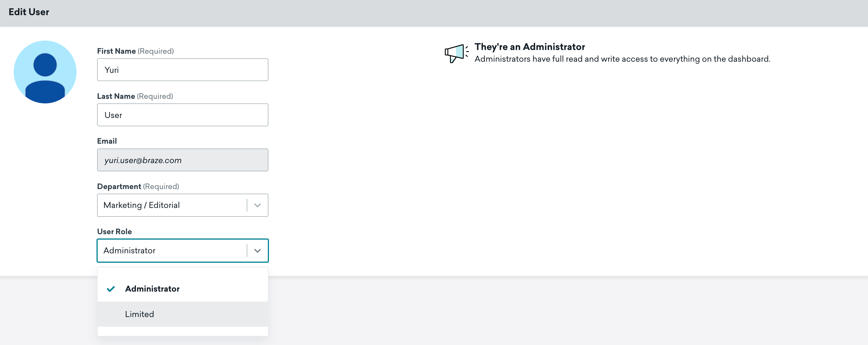 Selecting Administrator or Limited when editing a user