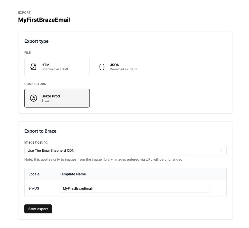 EmailShepherd export page with Braze connector, image hosting, and template name fields