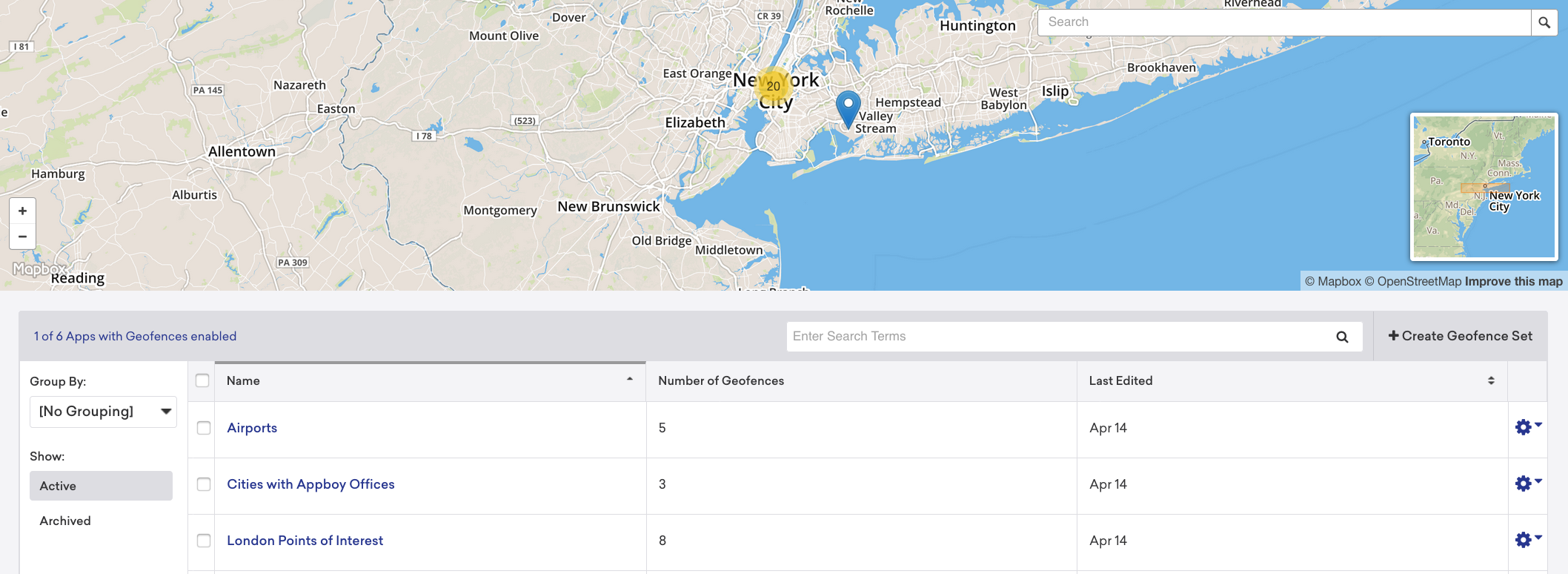 The geofence options on the Braze locations page.