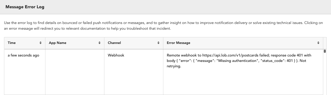 A message error log showing the time, app name, channel, and error message. The error message includes the message alert and the status code.