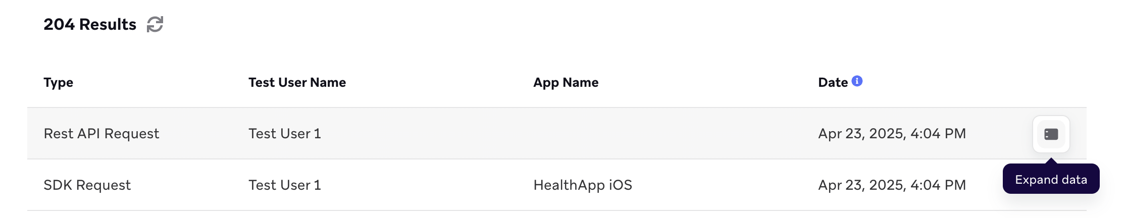 The "Expand data icon" next to a specific log.