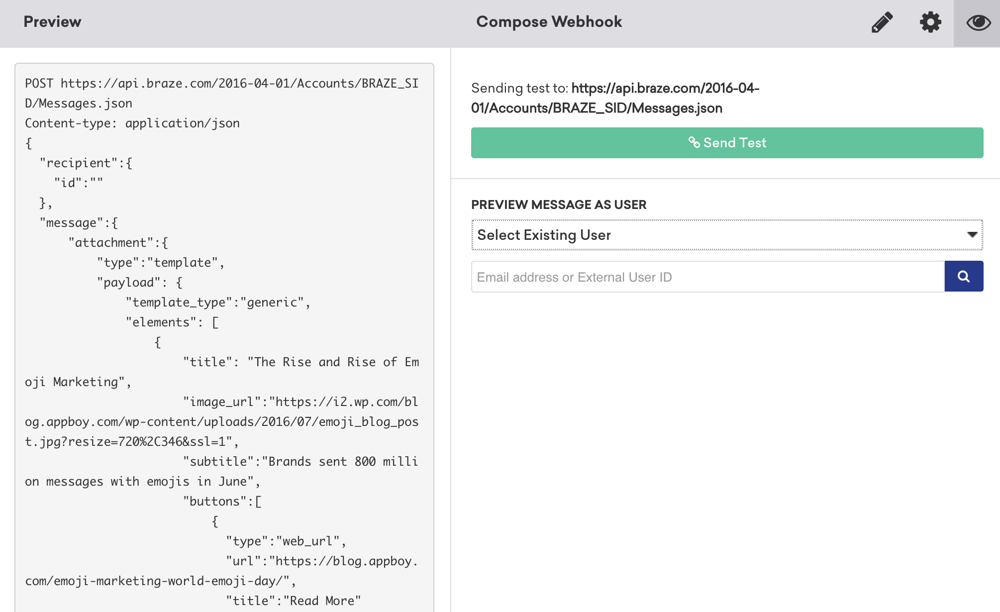 Test tab in the Facebook Messenger webhook template showing you can preview the message by sending it to an existing user.