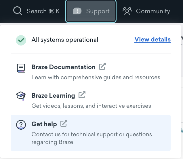 The "Support" dropdown with the option to get help.