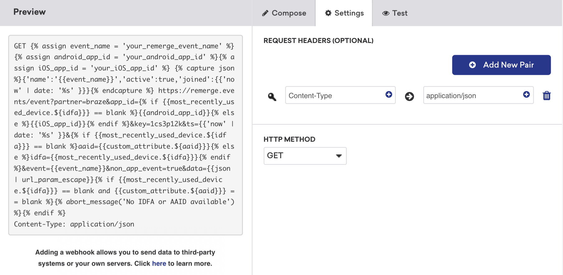 The request headers, HTTP method, and message preview shown in the Braze webhook builder.