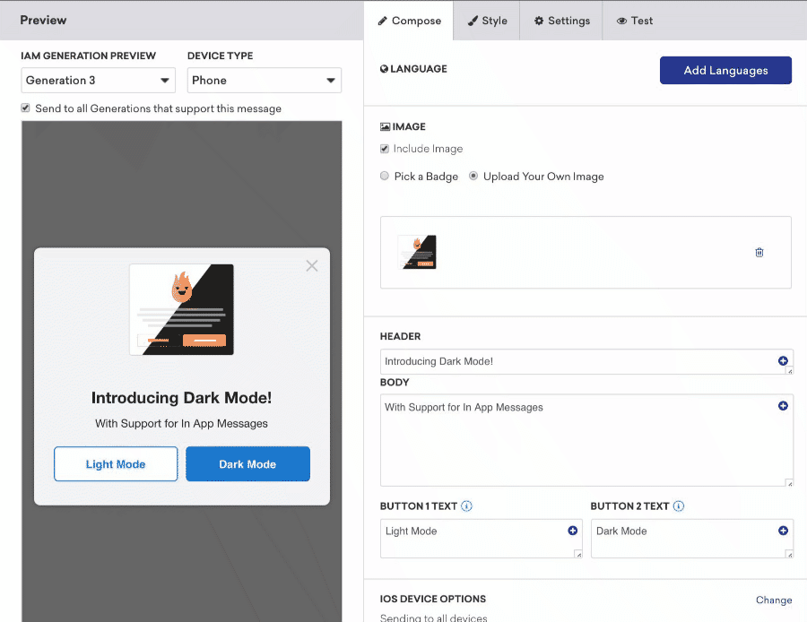 User switching between Light Mode style and Dark Mode styles in the Style tab when creating an in-app message.