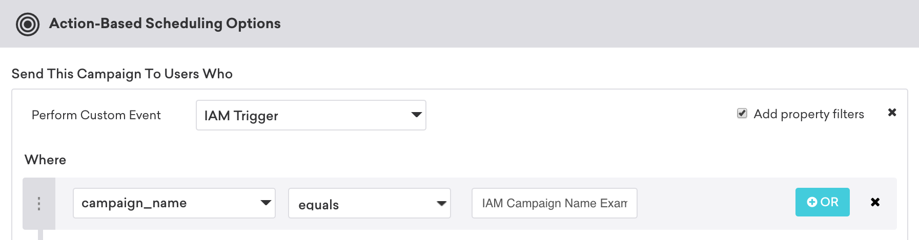 An action-based delivery campaign where an in-app message will trigger when "campaign_name" equals "IAM campaign name example."