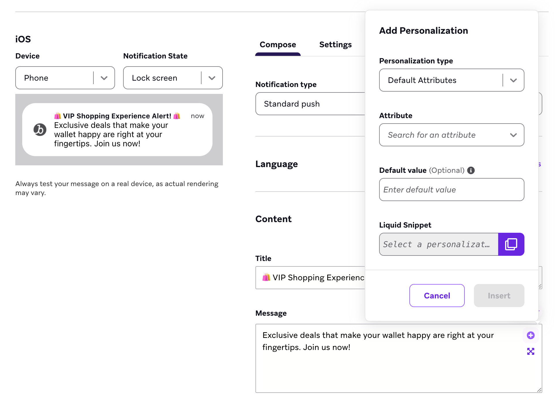 The Add Personalization modal that appears after selecting insert personalization. The modal has fields for personalization type, attribute, optional default value, and displays a preview of the Liquid syntax