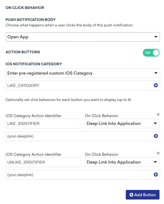 The push notification campaign dashboard with the setup for custom categories.