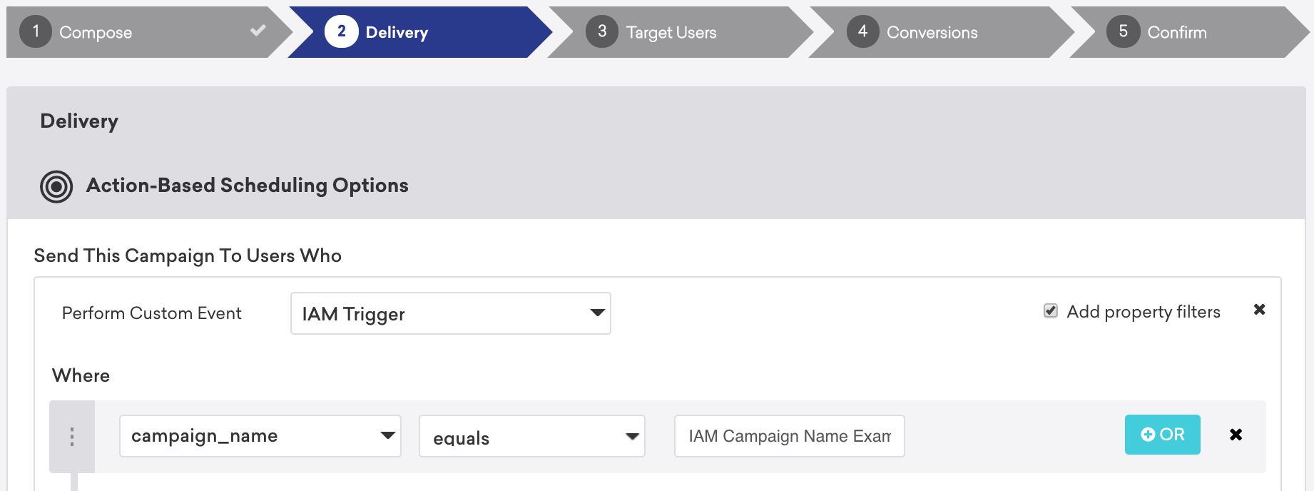An action-based delivery in-app message campaign that will be delivered to users who perform the custom event "In-app message trigger" where "campaign_name" equals "IAM Campaign Name Example".