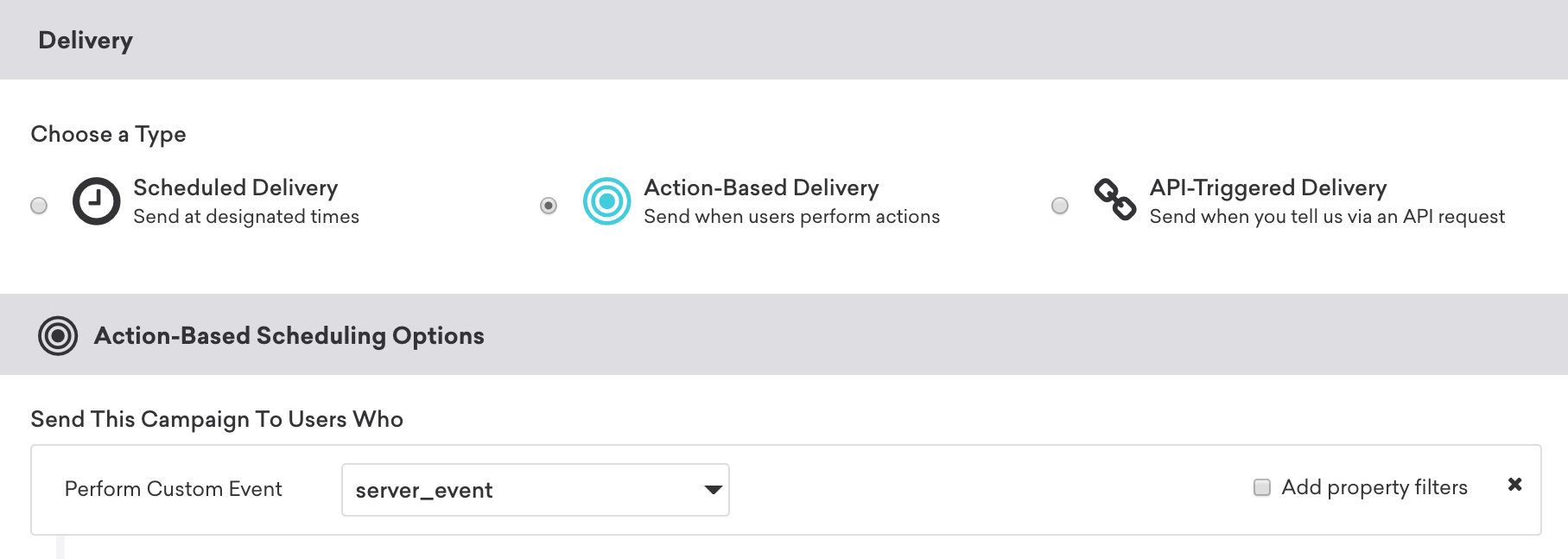 An action-based delivery in-app message campaign that will be delivered to users who perform the custom event "server_event".