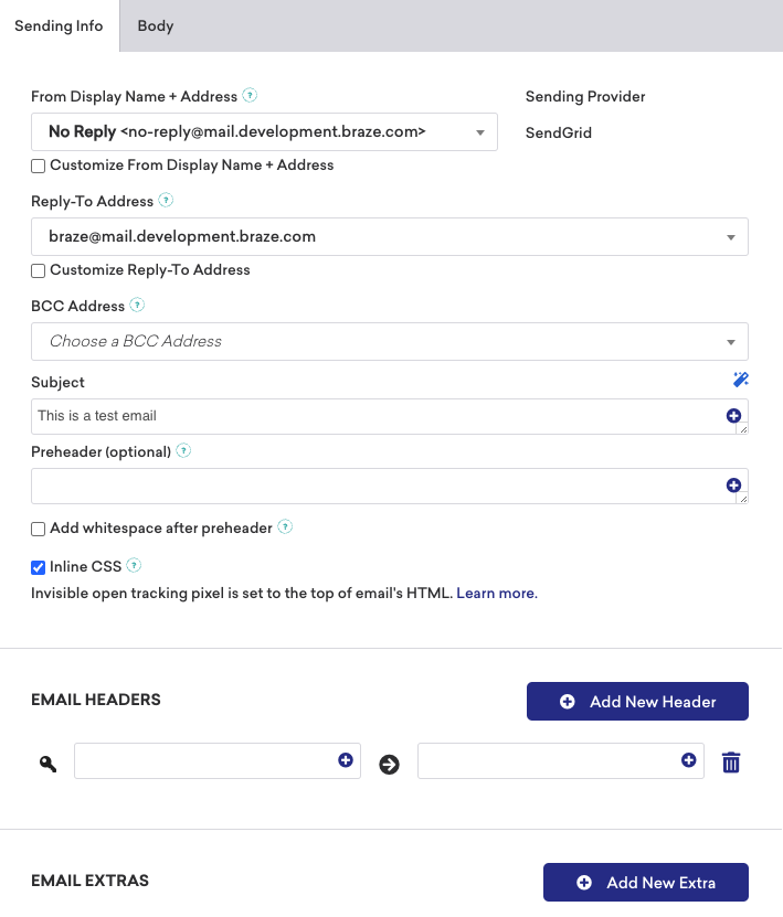 Sending Info tab of the email message composer in Braze.