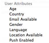 A list of user attributes: Age, Country, Email Available, Gender, Language, Location Available, and Push Enabled.