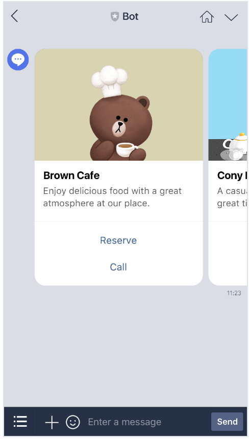 The line messaging UI showing a carousel message. This message includes a swipable content box that includes an image, description, a reserve button, and a call button. 