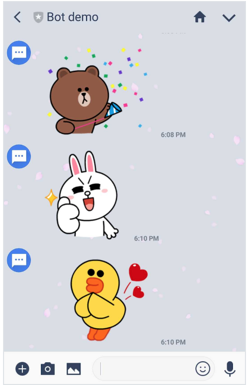 The line messaging UI with several examples of what sticker messages look like. These examples include a bear celebrating, a rabbit giving a thumbs up, and a yellow duck.