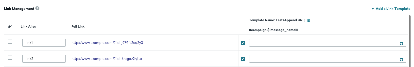 Link Management tab in the drag-and-drop editor with an example list of link templates.