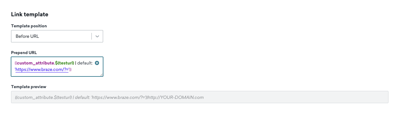 Template Position, Prepend URL, and Template Preview fields for the link template insertion process before a URL.