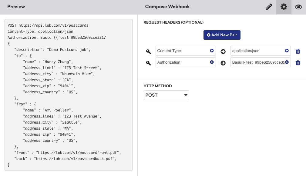 Request body code and webhook URL shown in the Braze webhook builder compose tab.