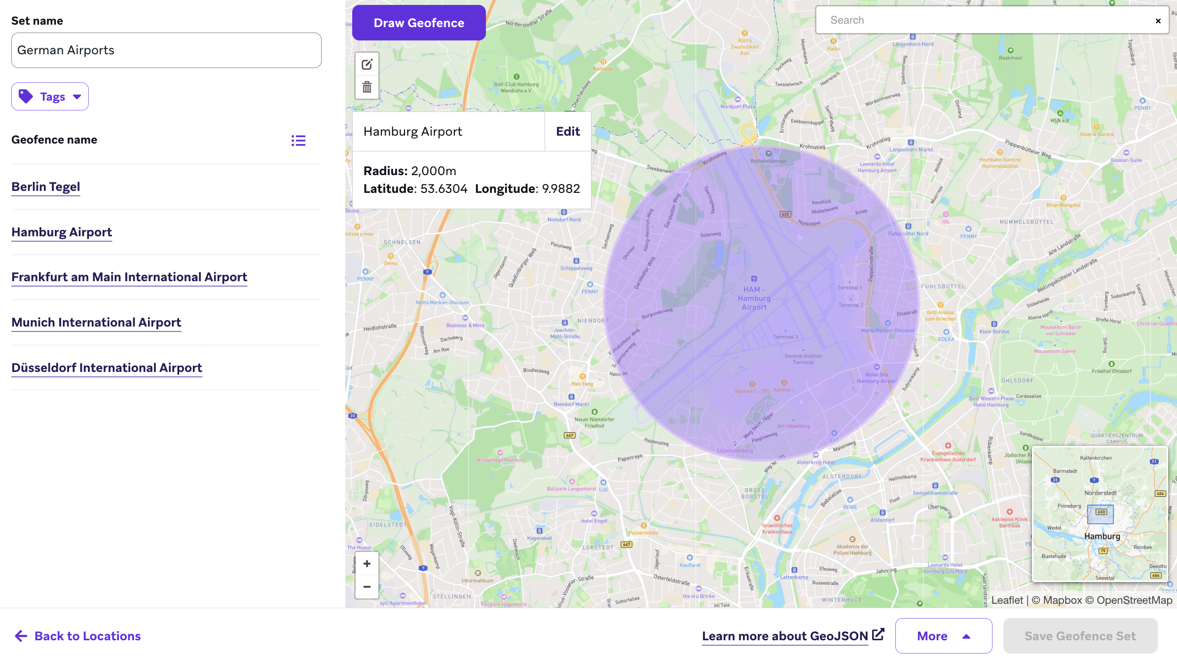 Geofence set of German airports with a user drawing a radius of two thousand meters on the map for Hamburg Airport.