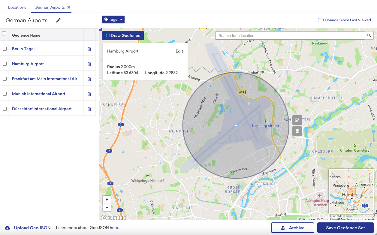 Geofence set of German airports with a user drawing a radius of two thousand meters on the map for Hamburg Airport.