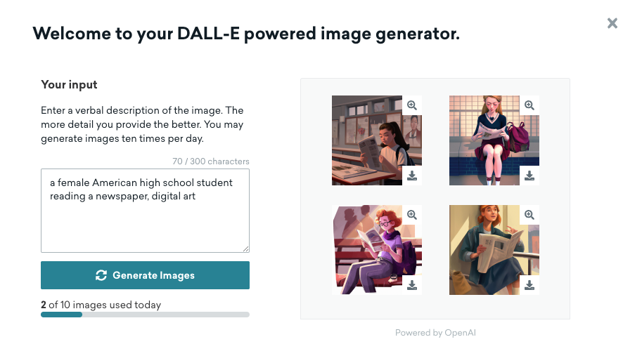 AI image generator modal in the Media Library.