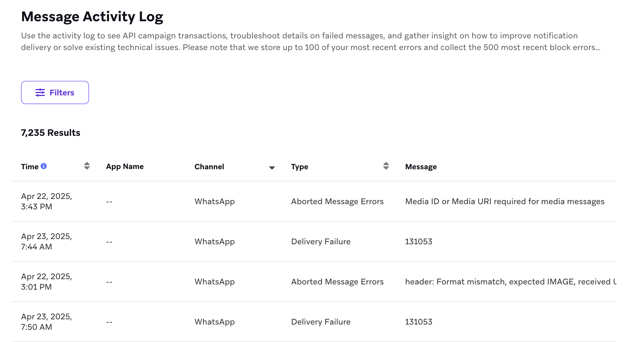 Push error logs displaying the time the error occurred, the app name, the channel, error type, and error message.