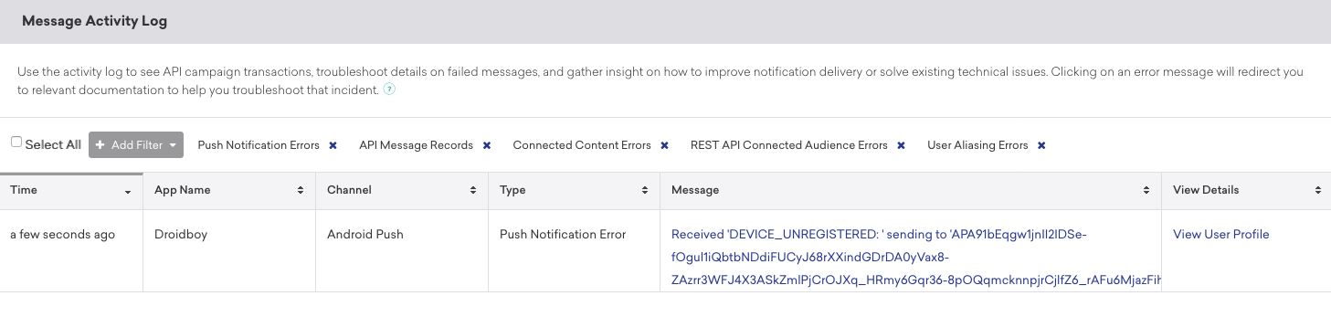 Push error logs displaying the time the error occurred, the app name, the channel, error type, and error message.