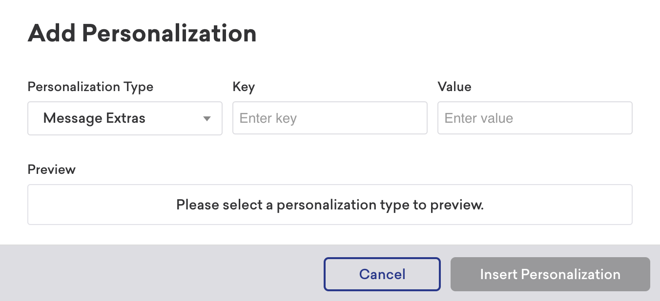 The Add Personalization modal with Message Extras selected as the personalization type.