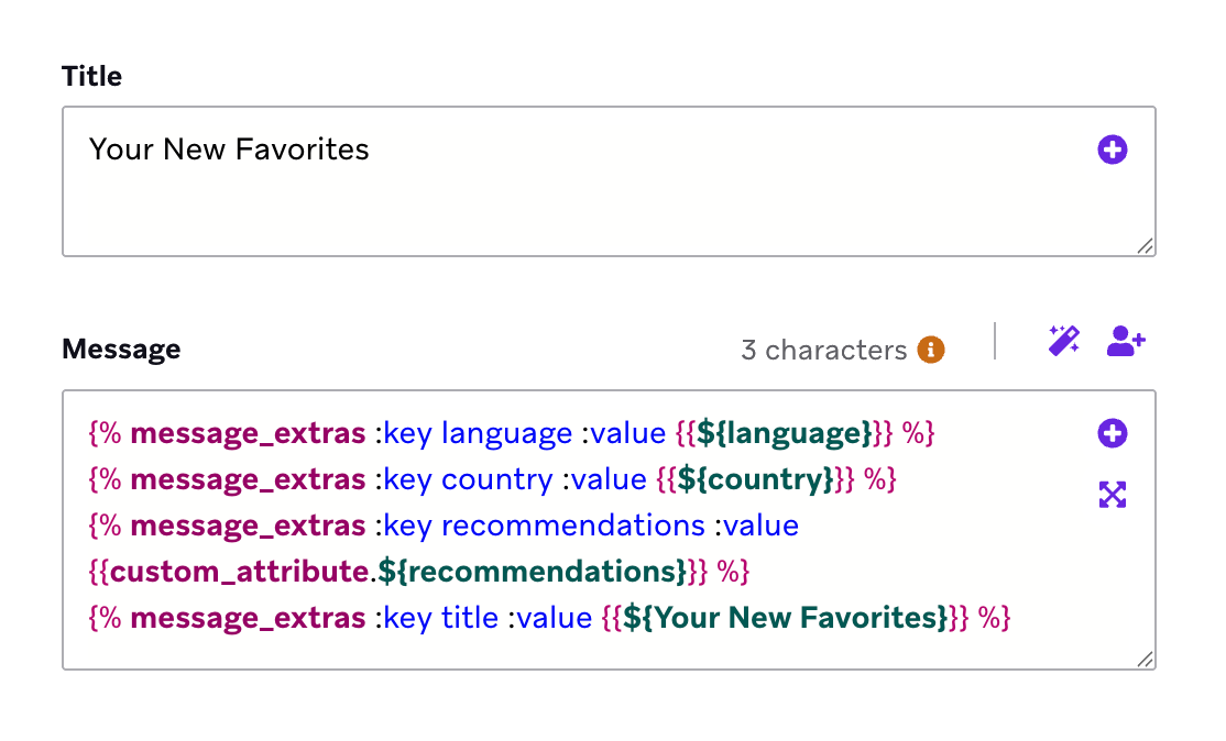 An example of key-value pairs for the message extras tag. The title field reads "Your New Favorites." The message reads key-value pairs for the message extras tag and the following sentence: "We're excited to bring you a side selection of fresh and exciting products that are sure to become your new go-to favorites"