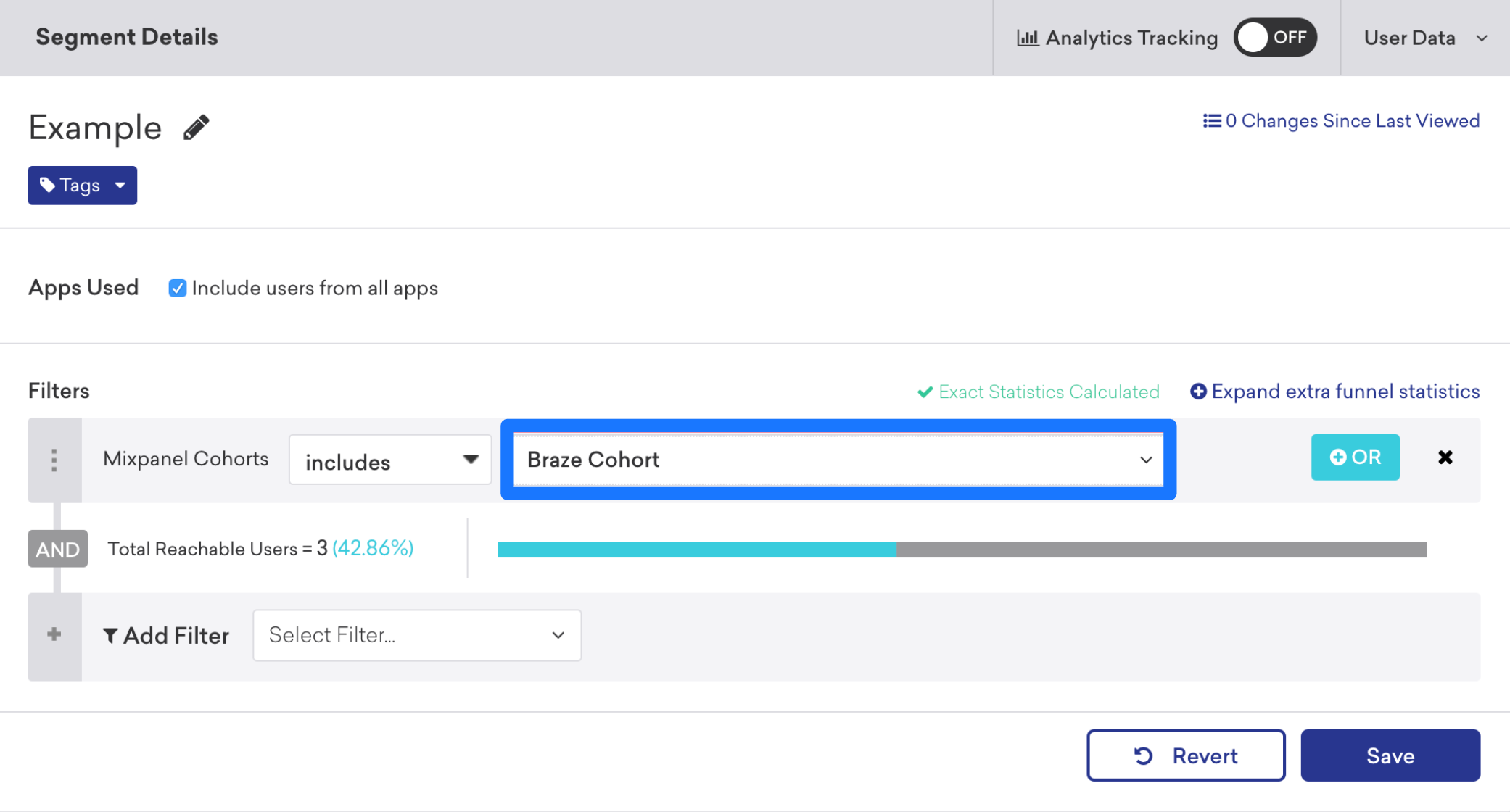 In the Braze segment builder, the user attributes filter "Mixpanel cohorts" is set to "includes" and "Braze cohort".