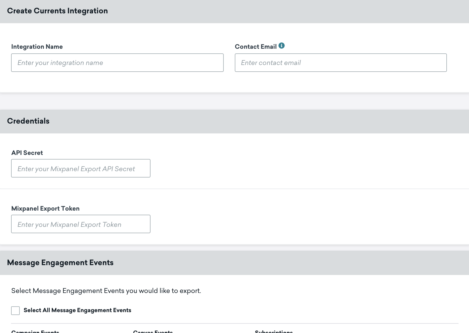 The Braze Mixpanel Currents page. This page includes fields for integration name, contact email, API secret, and mixpanel export token. The lower half of the Currents page lists available Currents events you can send.